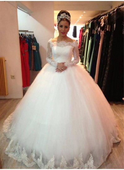2022 White Long Sleeves Off The Shoulder Ball Gown Wedding Dresses
