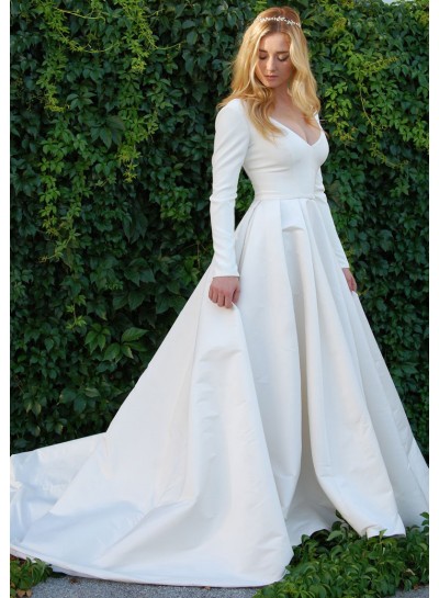 Cheap A Line Satin Long Sleeves Plain Wedding Dresses 2022