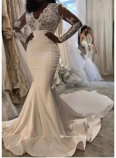 Sexy Mermaid  Long Sleeves Satin And Lace 2022 Wedding Dresses