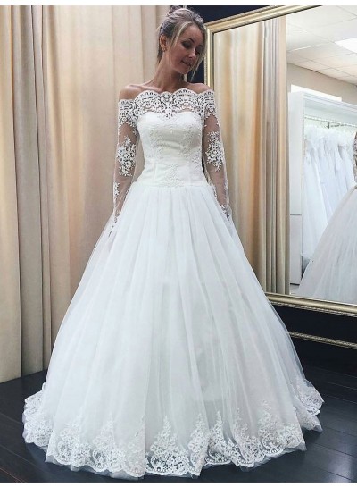 2024 A Line Off The Shoulder Lace Long Sleeves Wedding Dresses