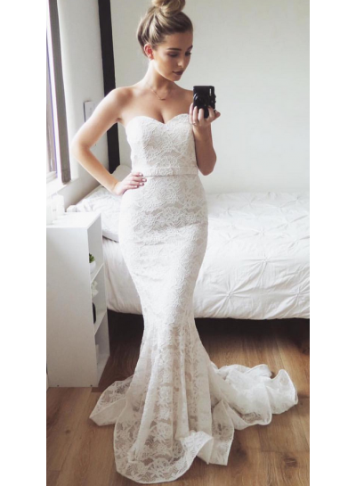 Charming Mermaid  Sweetheart Lace Small Train Wedding Dresses 2022