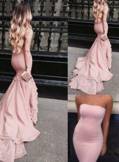 2022 Glamorous Pink Strapless Sweep Train Mermaid Prom Dresses