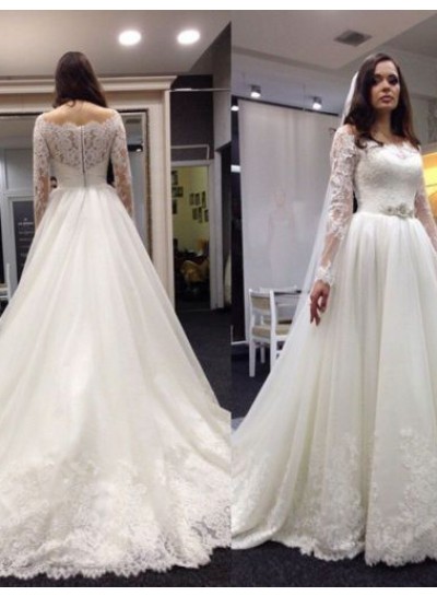 2022 Newly A Line Lace Long Sleeves With Beaded Belt  Long Wedding Dresses