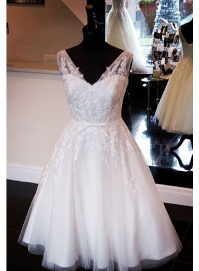 A Line Tulle Knee Length With Bowknot Belt 2022 Short Wedding Dresses