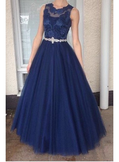 2022 A-Line Tulle Dark Navy Prom Dresses With Appliques