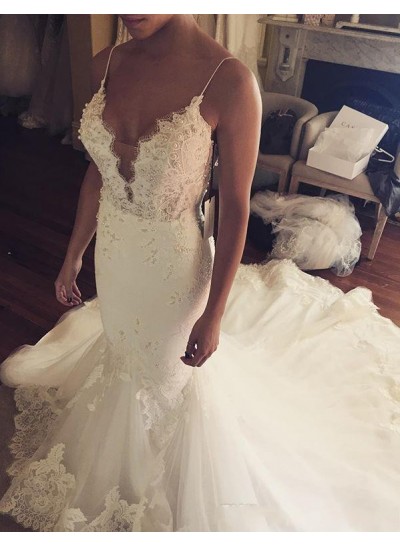 Sexy Mermaid  Sweetheart With Spaghetti Straps Tulle With Appliques Wedding Dresses