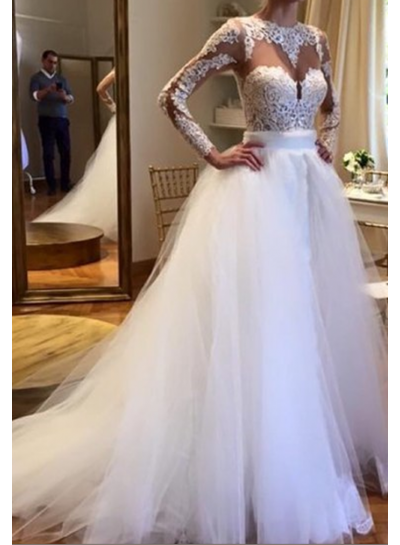 2022 Elegant A Line Long Sleeves Tulle With Appliques Wedding Dresses