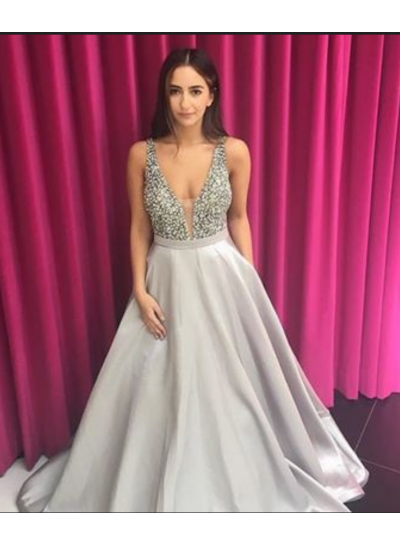 2022 New Satin Silver A-Line V Prom Dresses