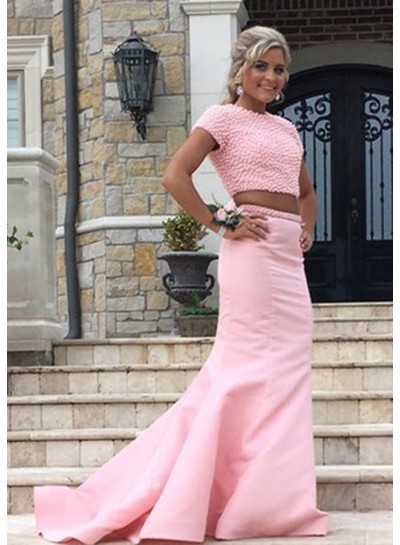 Trumpet/Mermaid  Pink Two Pieces 2024 Prom Dresses With Short Sleeves