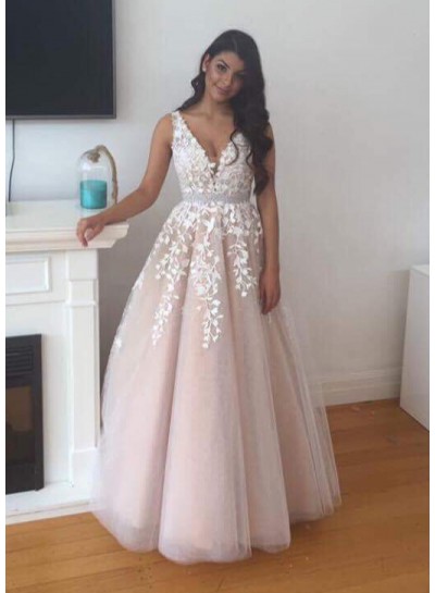 2022 Newly A-Line Tulle Pearl Pink Prom Dresses With Appliques