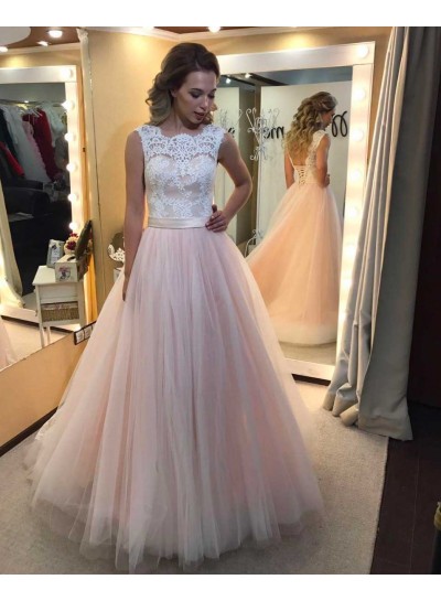2022 Cheap A-Line Tulle Blushing Pink Prom Dresses With Appliques
