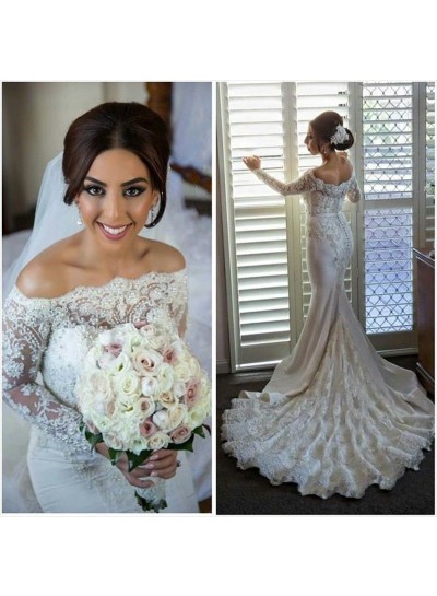 2022 Sexy Mermaid  Off The Shoulder Lace Long Train Wedding Dresses
