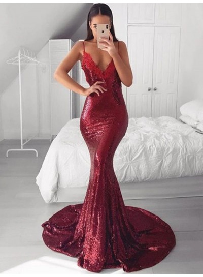 2022 Mermaid Burgundy Sequence Backless Spaghetti Straps Long Prom Dresses