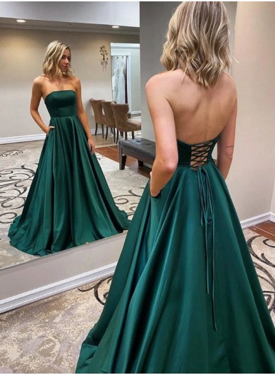 2024 A Line Satin Strapless Hunter Long Prom Dresses Lace Up With Pockets