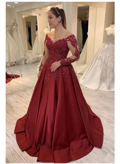 2024 A Line Satin Burgundy Long Sleeves Appliques Long Prom Dresses