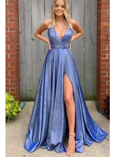 A Line Blue Side Slit Long V Neck Prom Dresses 2022 