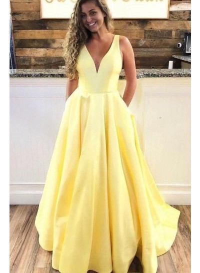 2022 A Line Satin Daffodil V Neck Prom Dresses With Pockets 