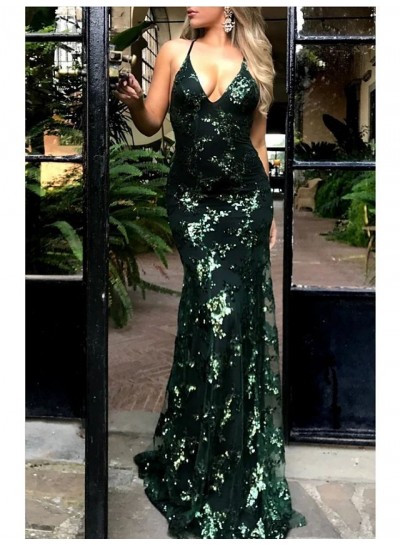 2024 Dark Green Sequence Lace Halter Sheath Backless Long Prom Dresses