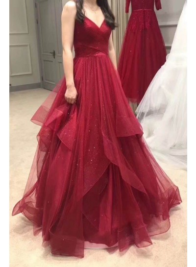 2024 A Line Red Sweetheart Tulle Layered Long Prom Dresses