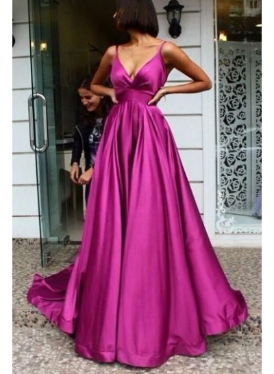 2022 A Line Fuchsia Satin Sweetheart Backless Long Prom Dresses