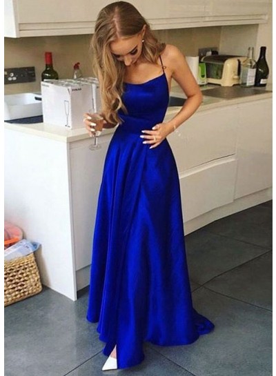 2023 A Line Royal Blue Halter Lace Up Back Side Slit Prom Dresses
