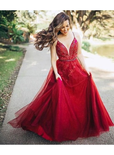 2024 A Line Tulle Backless Sweetheart Red Beaded Long Prom Dresses