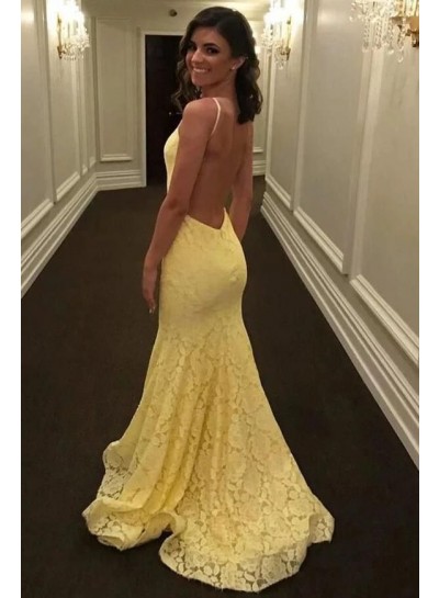 2024 Lace Light Yellow Backless Halter Long Prom Dresses