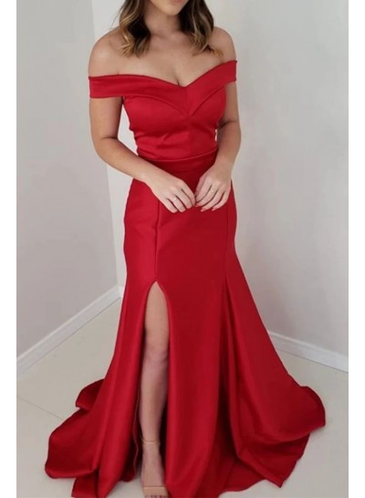 2024 Red Sheath Off Shoulder Side Slit Satin Prom Dresses 