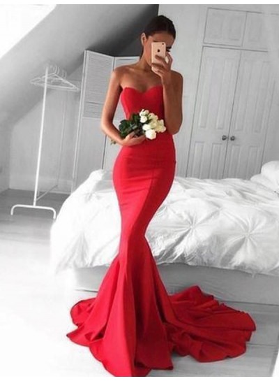 2022 Mermaid Red Satin Strapless Long Prom Dresses