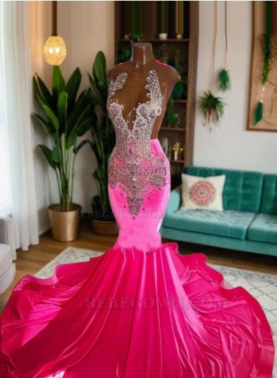 2024 One-Shoulder Fuchsia Beaded Mermaid Long Evening Dresses