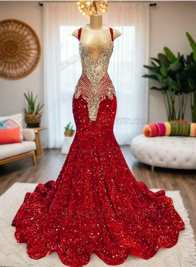 2024 Burgundy Halter Sequin Long Mermaid Evening Gowns