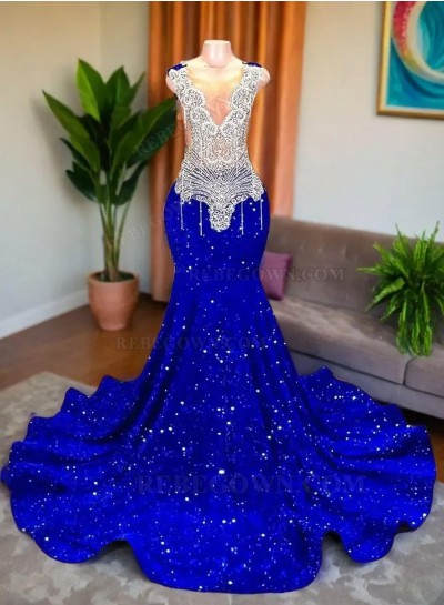 2024 Royal Blue Sequin Long Prom Gowns with Beading