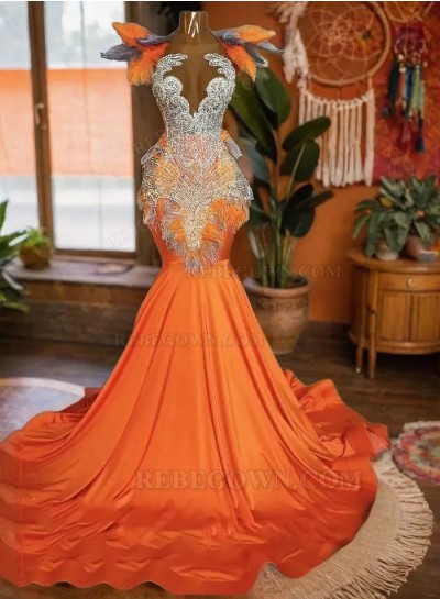 2024 Orange Satin-like Long Prom Dresses Adorned with Beads and Feathers