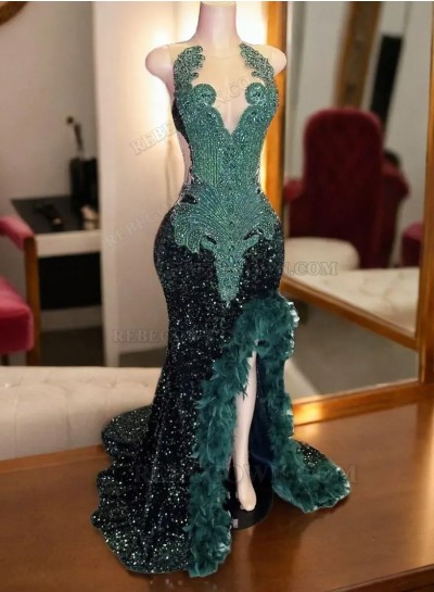 2024 Dark Green Sequin Sheath Prom Dresses with Side Feather Detail