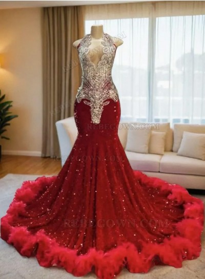 2024 Red Sequin Long Prom Gowns with Feather Accents