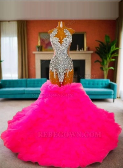 2024 Tiered Fuchsia Mermaid Long Prom Dresses with Beading