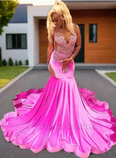 2024 Fuchsia Satin-like Mermaid Long Prom Dresses with Beading