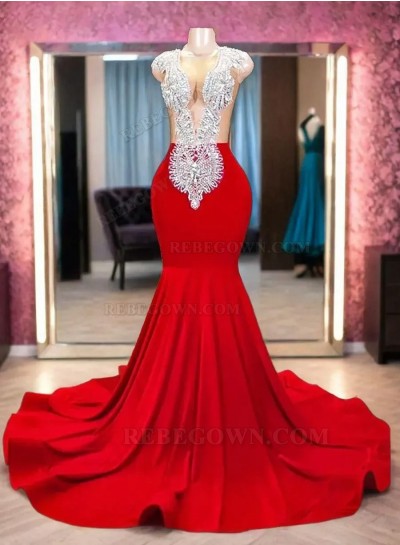 2024 Red Stretchy Satin Beaded Long Prom Dresses