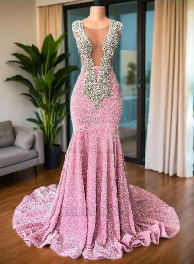 2024 Pink Sequin Beaded Sheath Long Prom Dresses