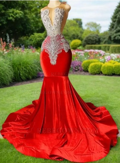 2024 Red Beaded Mermaid Satin-like Long Prom Dresses