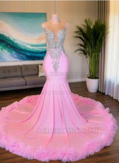 2024 Ruffled Pink Mermaid Beaded Long Prom Dresses