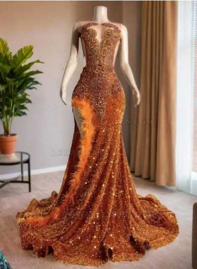 2025 Beaded Sequin Orange Long Prom Dresses with Side Slit