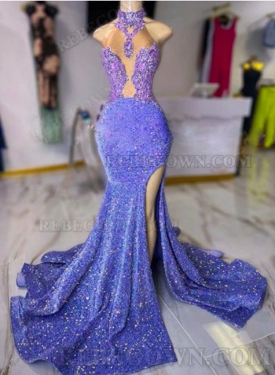 2025 High Neck Lavender Sheath Sequin Prom Dresses with Long Side Slit