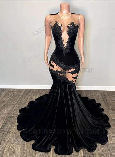 2024 Appliqued Black Mermaid Velvet Long Evening Gowns