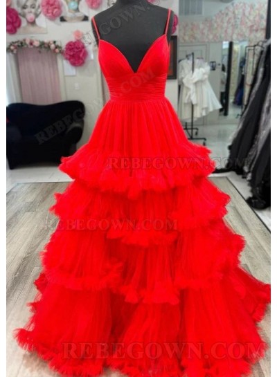 2025 Sweetheart Red A-Line Tiered Long Prom Dresses with Spaghetti Straps