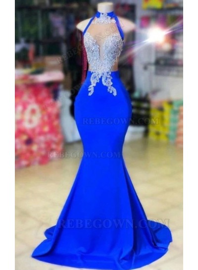 2024 Appliqued Royal Blue Sheath Long Evening Dresses with High Neck