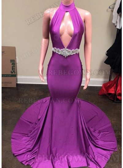 2025 Backless Purple High Neck Keyhole Satin-like Long Prom Dresses