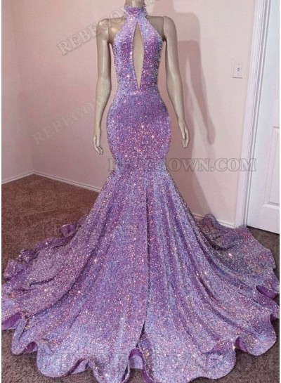 2024 Lilac High Neck Sequin Long Prom Gowns with Front Opening