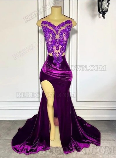 2025 Purple Velvet Sheath Prom Dresses with Side Slit and Appliques