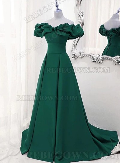 2025 Hunter Green Satin A-Line Off Shoulder Long Prom Dresses